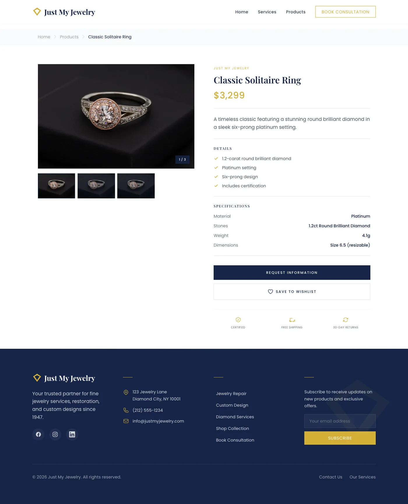 Individual product pages with a gallery, specs, and certification details.